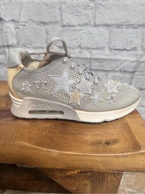 ASH Gray Mesh Lucky Star Embellished Sneaker with Cream Heel EU 41 US 10